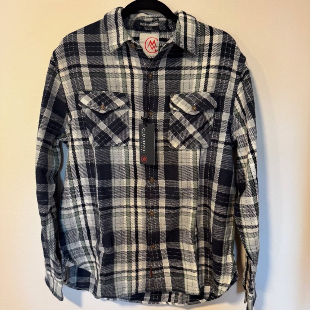 NWT Cloudveil Mountain Works Men's Large Flannel in Navy, Green, and White